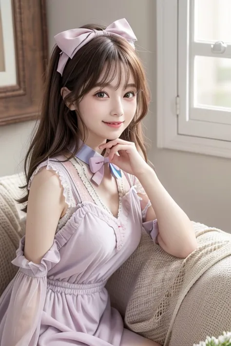  Realistic Photo Quality 、There is a woman sitting on a sofa with a navy blue bow tie,I'm wearing a pastel pink dress、Detailed and beautiful eyes、 cute smiles 、 soft and gentle expression 、 has a smiling face