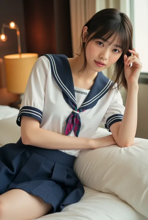 (Masterpiece, Best quality: 1.4), (Ultra realistic, Photo-realistic: 1.3), nsfw, (Wearing Sailor suit, White short sleeve:1.3), (Dark navy skirt: 1.2), (Wearing white sock), (small breasts), (Short wavy hair:1.1), Natural light, 28 years old actor, Japanes...