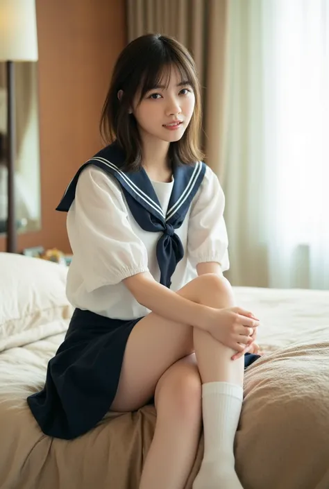 (Masterpiece, Best quality: 1.4), (Ultra realistic, Photo-realistic: 1.3), nsfw, ((Wearing Sailor suit, White short sleeve:1.3)), (Dark navy skirt: 1.2), (Wearing white sock), (small breasts), (Short wavy hair:1.1), Natural light, 28 years old actor, Japan...