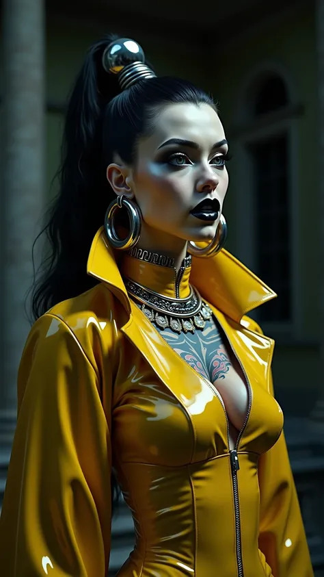 ANGELINA JOLIE, Dominatrix  , pale skin, vampire, nosferatu, BDSM, blue yellow latex , brilliant, metallic, corps latex noir, leggings en latex noir,   latex Japanese latex kimono  , cuissardes Bottes en latex yellow pour les cuisses, yellow latex corset, ...