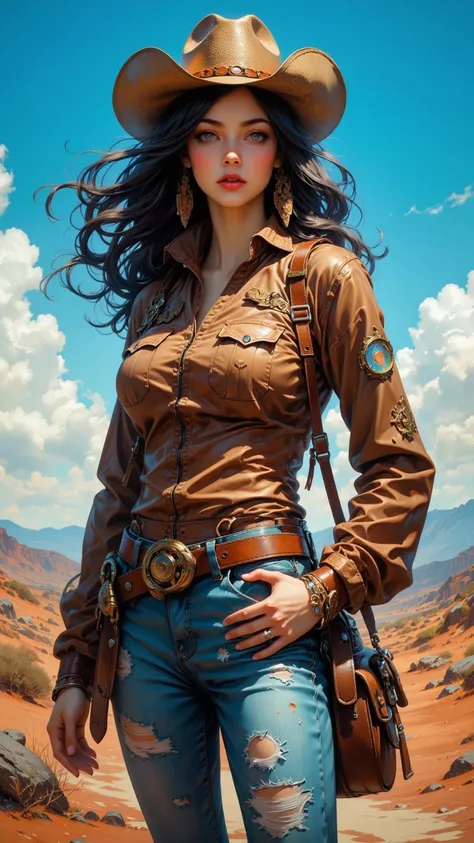 Charming lady with cowboy features in outdoor scene， embodies elegance and toughness ， on a background of intense stares ， detailed digital painting on the face ， Emphasizing Charming women with cowboy features in an outdoor scene with vivid blue sky :2.0，...