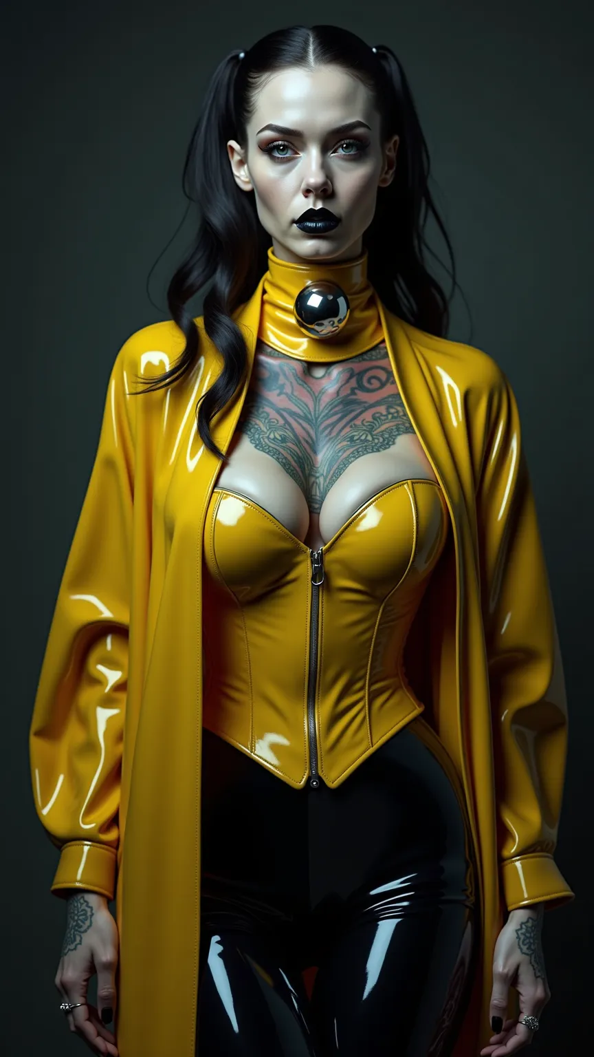 ANGELINA JOLIE, Dominatrix  , pale skin, vampire, nosferatu, BDSM, blue yellow latex , brilliant, metallic, corps latex noir, leggings en latex noir,   latex Japanese latex kimono  , cuissardes Bottes en latex yellow pour les cuisses, yellow latex corset, ...