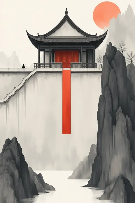 Minimalism：1.57. under the roof of an ancient Chinese building，Hanging bookmark， red background 