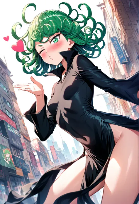 high resolution picture, masterpiece, best quality, amazing quality,  1girl,  tatsumaki from one punch man, 1girl, green eyes, curly hair, green hair, bangs, blush, flipped hair, short hair, small breasts, thighs,  small breasts, dress, flying, city, telek...