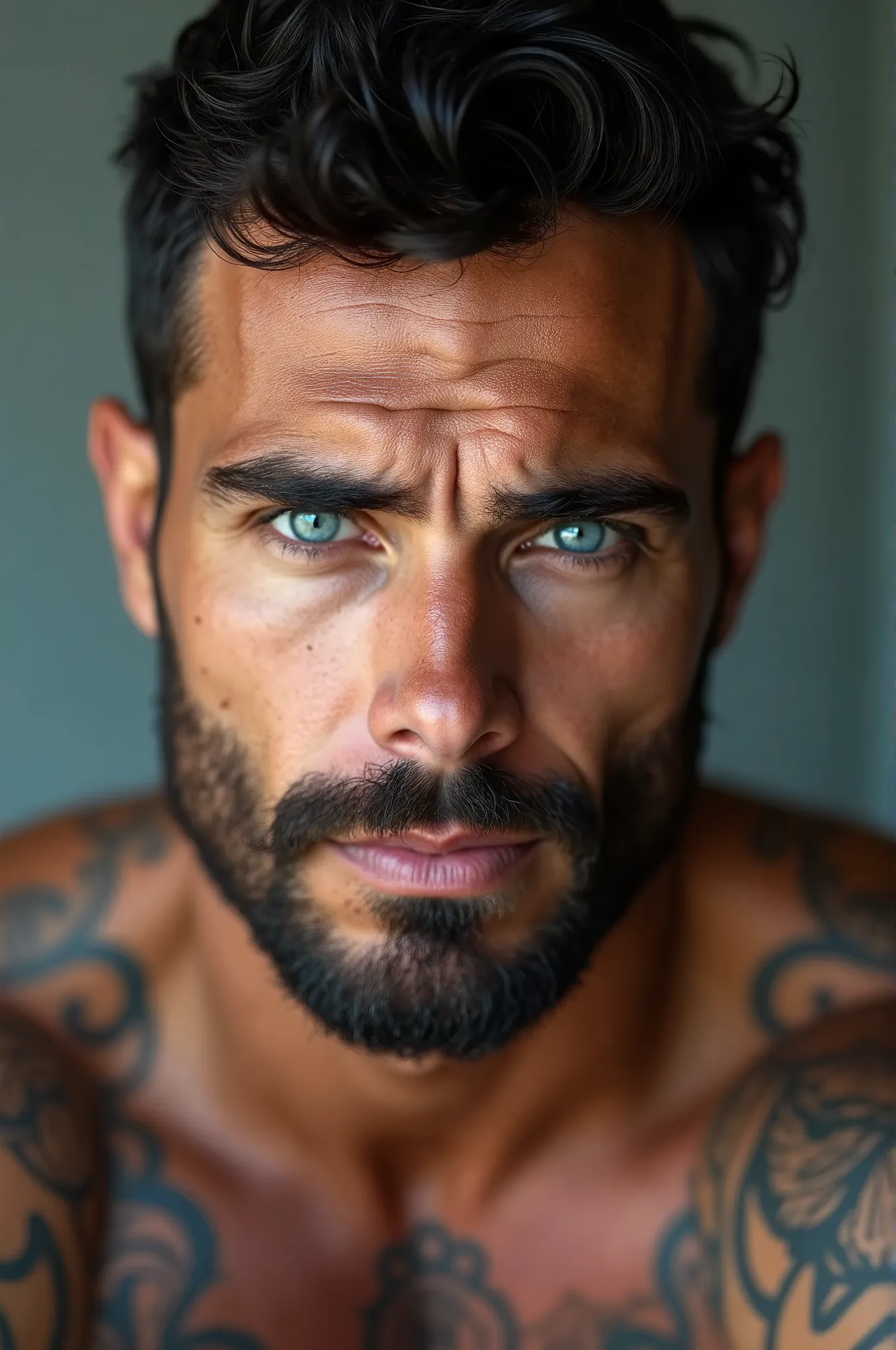 Un homme métisse brun aux yeux bleus avec une barbe de 3 jours assez musclé tatoué 