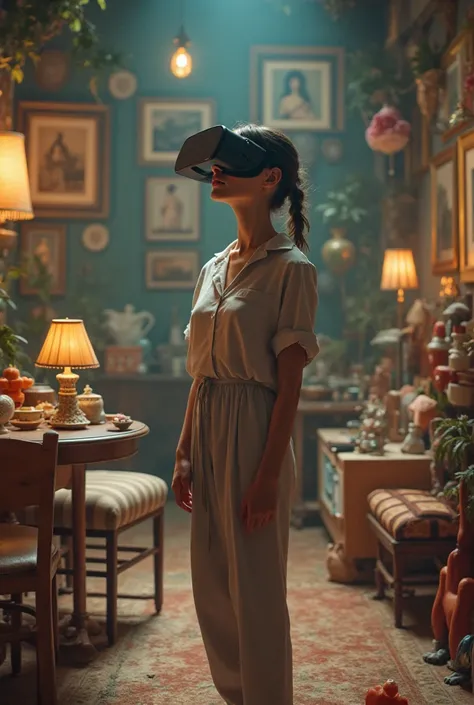 woman in VR goggles, around and behind objects camera, furniture, interior items, paintings, ren's toys, 3d