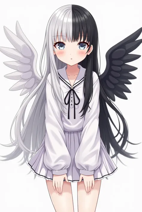 High school-aged girls
The hair is long, white on the left and black on the right、Bangs Patten Princess Cut
The eyes are big and white and black
There are black angel wings and black angel wings
Illustration of the whole body from head to toe