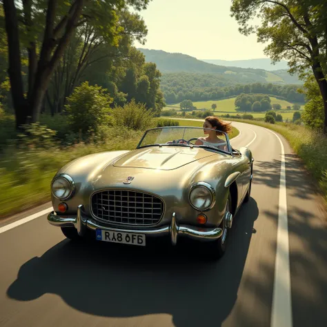 woman driving a vintage sports car