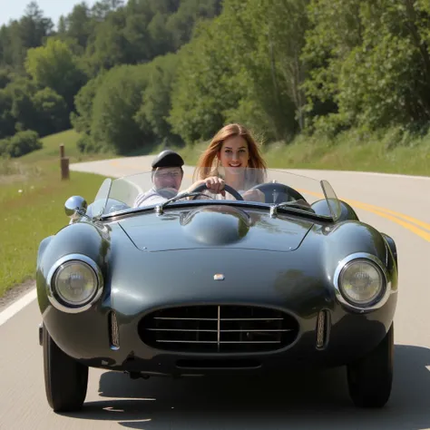 woman driving a vintage sports car