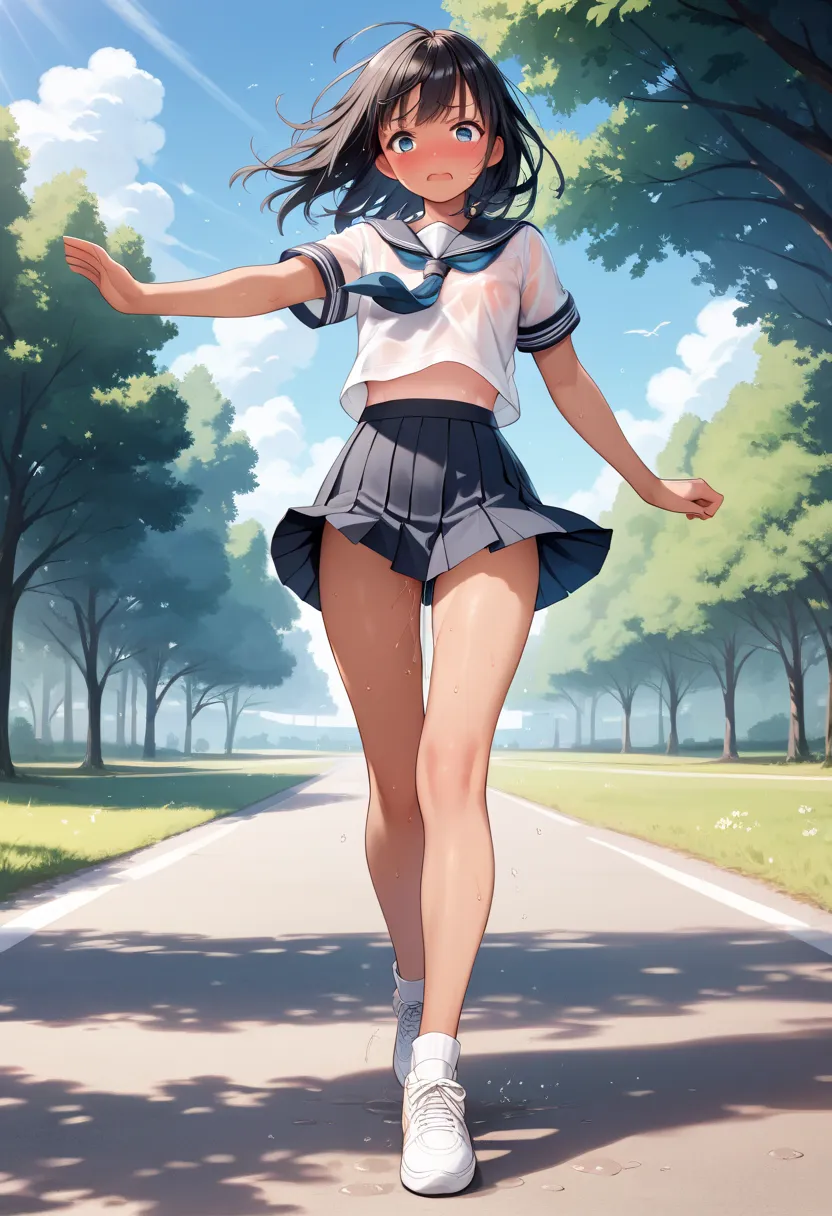 masterpiece, best quality, delicate illustration,ultra detailed skin,  Black Hair, 
(1girl:1.2), (tan:1.0), (see-through) (summer school uniform:1.1), (micro mini skirt:1.35), (it is Navy skirt), (ass:0.5), (no panties:1.0), (wind), (sweat:1.3), (walking:1...