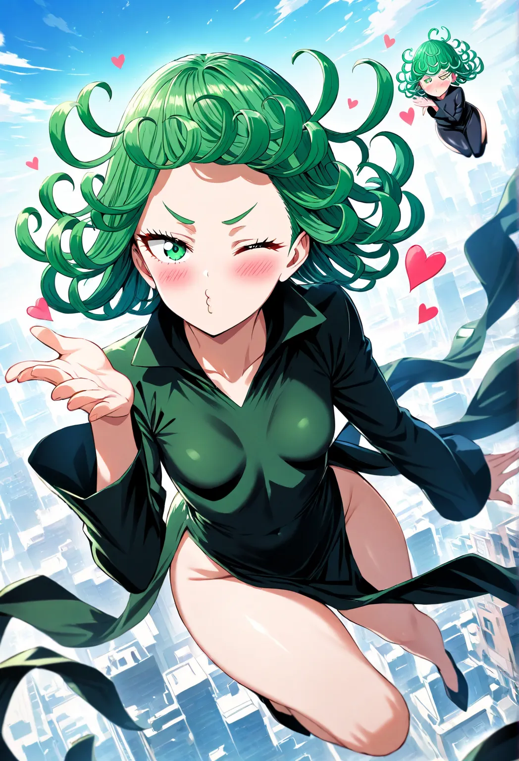 high resolution picture, masterpiece, best quality, amazing quality,  1girl,  tatsumaki from one punch man, 1girl, green eyes, curly hair, green hair, bangs, blush, flipped hair, short hair, small breasts, thighs,  small breasts, dress, flying, city, wind,...