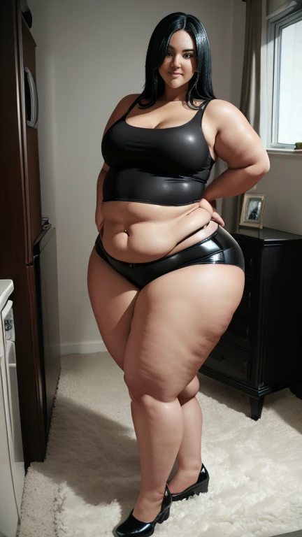 (full body shot) of Fat woman with black straight hair, normal belly, thick legs, thick arms, wearing black latex tank top and black latex panties, standing on carpet