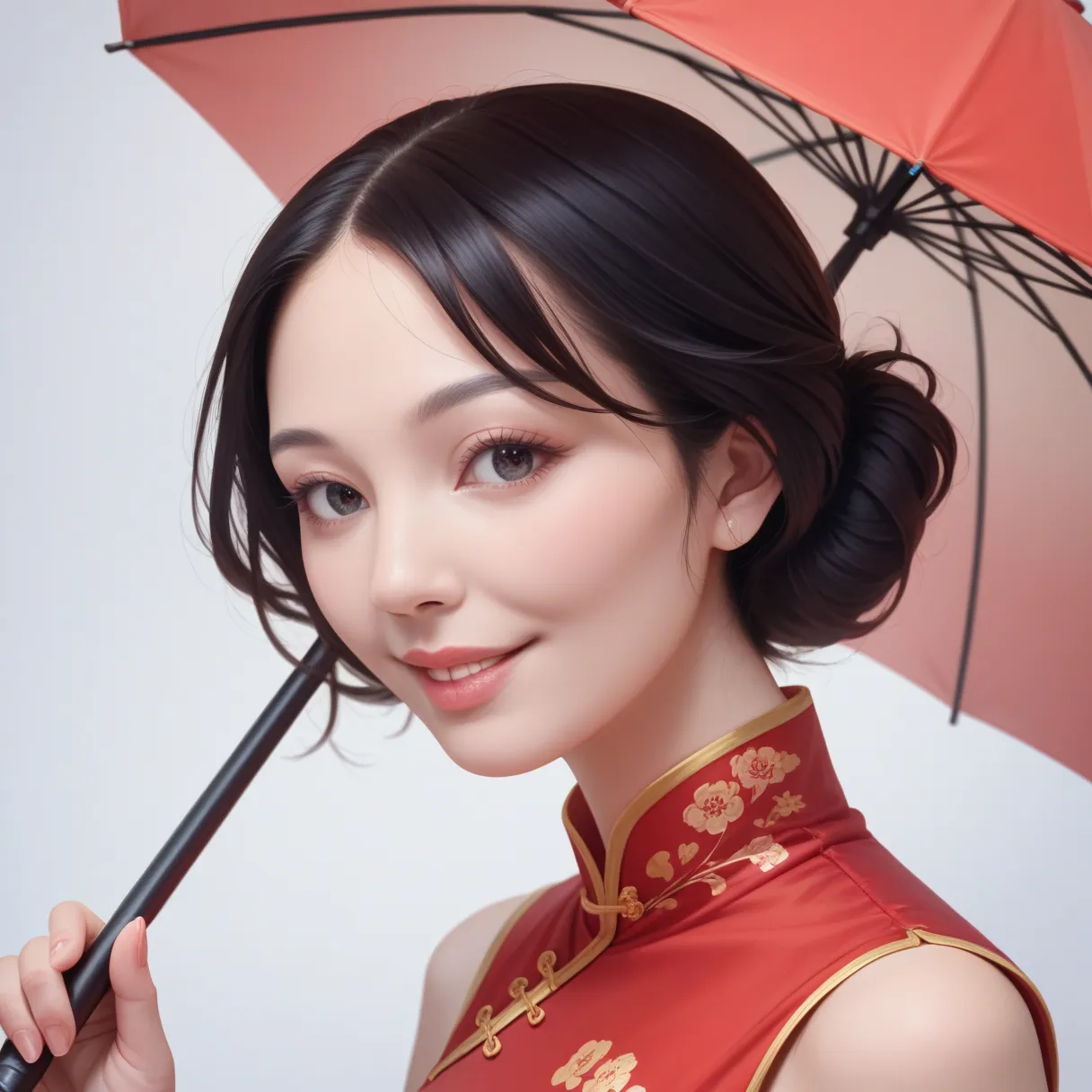 a beautiful woman wearing a red cheongsam dress, 1 girl, solo, black hair, short hair, upper body, smiling, holding a parasol, mature woman, intricate detailed face, beautiful detailed eyes, beautiful detailed lips, extremely detailed eyes and face, long e...