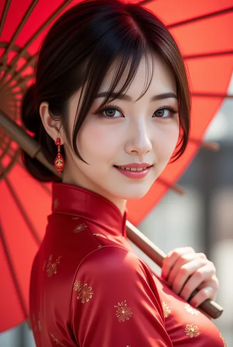 a beautiful woman wearing a red cheongsam dress, 1 girl, solo, black hair, short hair, upper body, smiling, holding a parasol, mature woman, intricate detailed face, beautiful detailed eyes, beautiful detailed lips, extremely detailed eyes and face, long e...