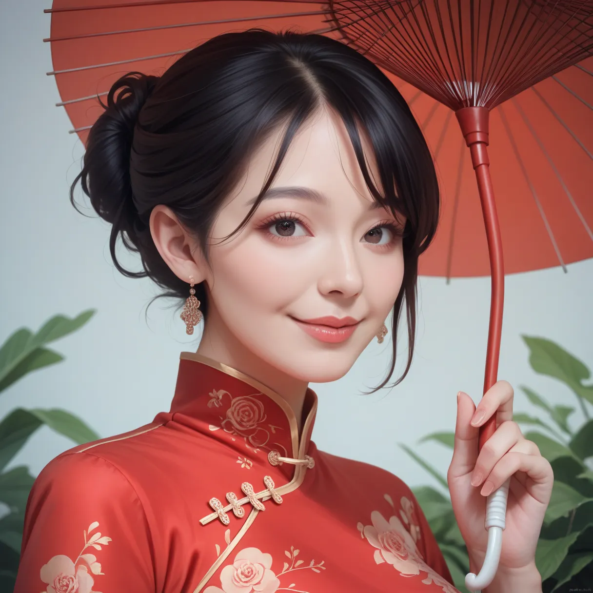 a beautiful woman wearing a red cheongsam dress, 1 girl, solo, black hair, short hair, upper body, smiling, holding a parasol, mature woman, intricate detailed face, beautiful detailed eyes, beautiful detailed lips, extremely detailed eyes and face, long e...