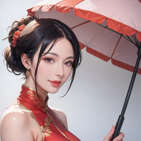 a beautiful woman wearing a red cheongsam dress, 1 girl, solo, black hair, short hair, upper body, smiling, holding a parasol, mature woman, intricate detailed face, beautiful detailed eyes, beautiful detailed lips, extremely detailed eyes and face, long e...