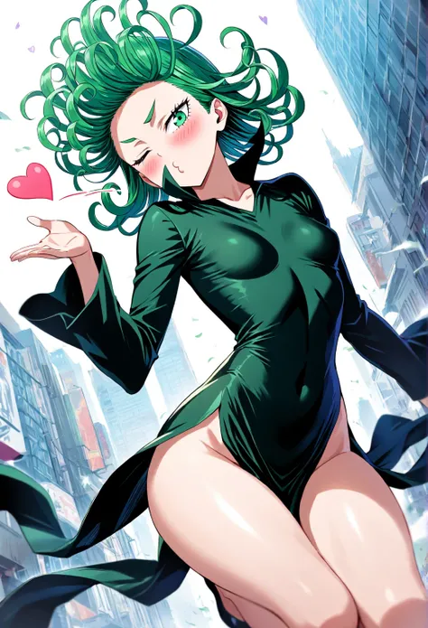 high resolution picture, masterpiece, best quality, amazing quality,  1girl,  tatsumaki from one punch man, 1girl, green eyes, curly hair, green hair, bangs, blush, flipped hair, short hair, small breasts, thighs,  small breasts, dress, flying, city, wind,...