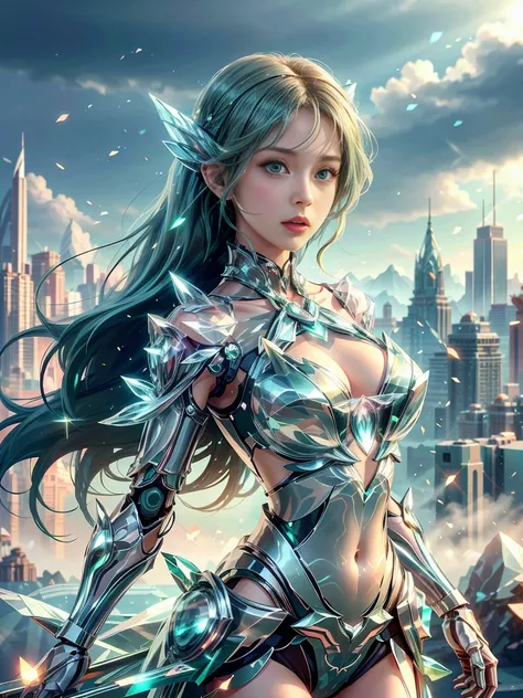   super high definition , Mechanical Girl Who Looks Like a Translucent Fairy，Future Girl， pretty girl,Mechanical joints，beautiful rich chest ,Beautiful hair swept by the wind, beautiful emerald green eyes,A big planet floats in the sky,　 spectacular futuri...