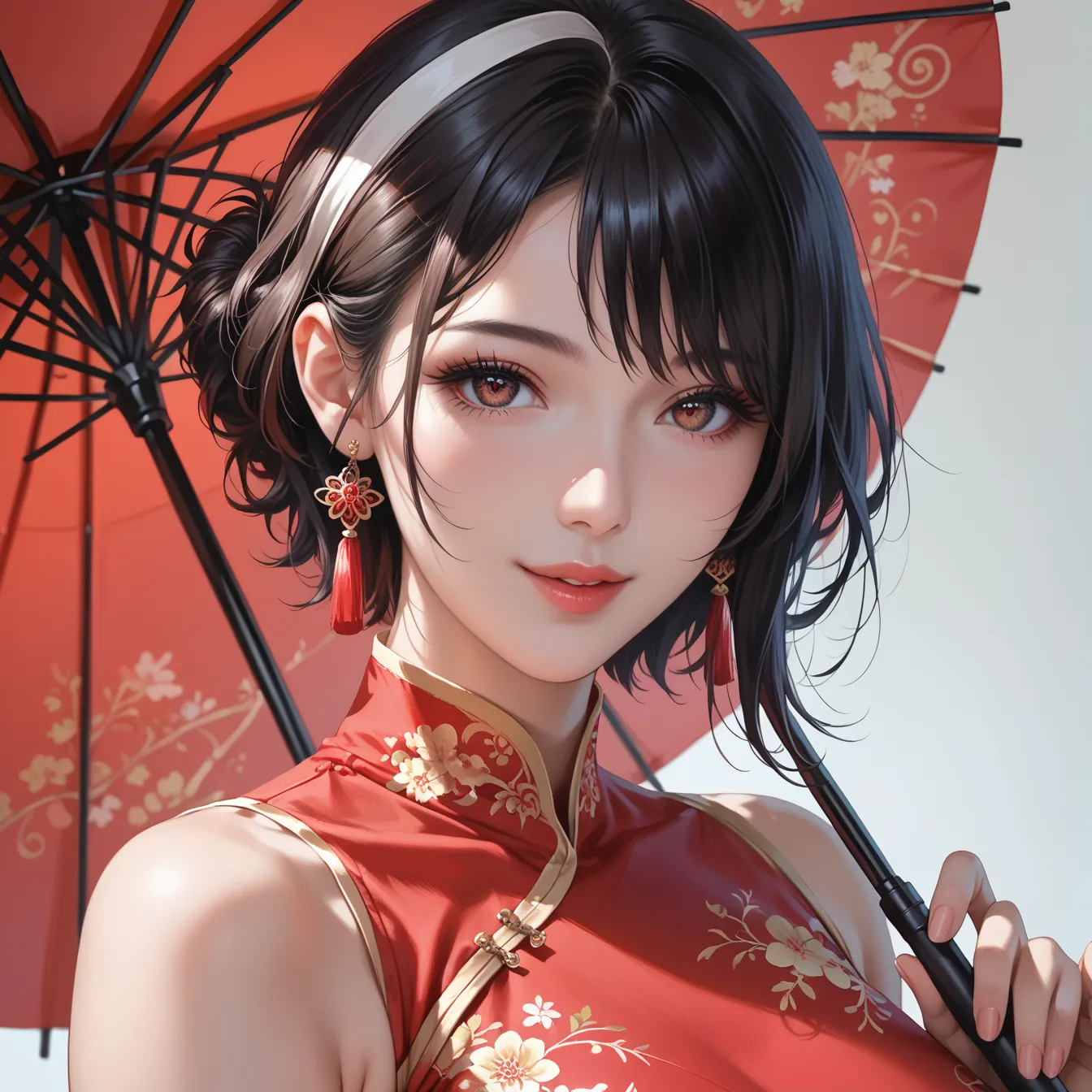 a beautiful woman wearing a red cheongsam dress, 1 girl, solo, black hair, short hair, upper body, smiling, holding a parasol, mature woman, intricate detailed face, beautiful detailed eyes, beautiful detailed lips, extremely detailed eyes and face, long e...