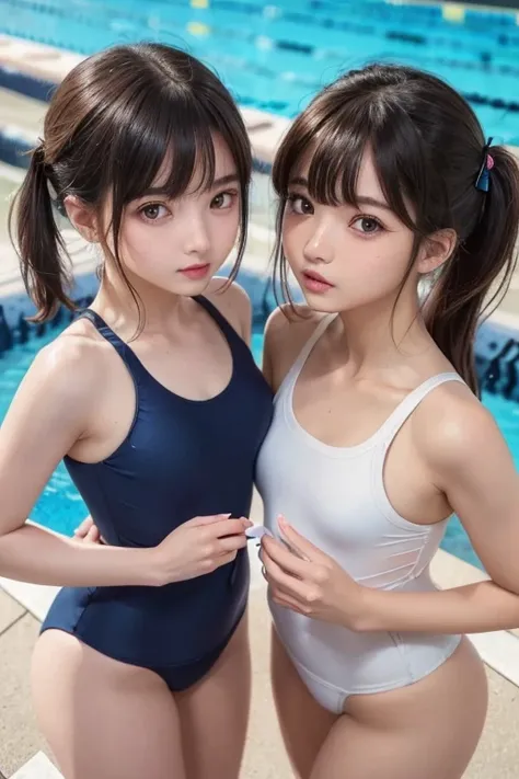 (( Smooth Skin)、one  girls on the left, (a beauty  girls on the left, delicate  girls on the left:1.3), (:1.3), break, (  navy school swimsuit:1.3), break,  very well detailedな明瞭さ, ( symmetrical eyes:1.3), break, ( school pool, Outdoors:1.3), break, (( sma...