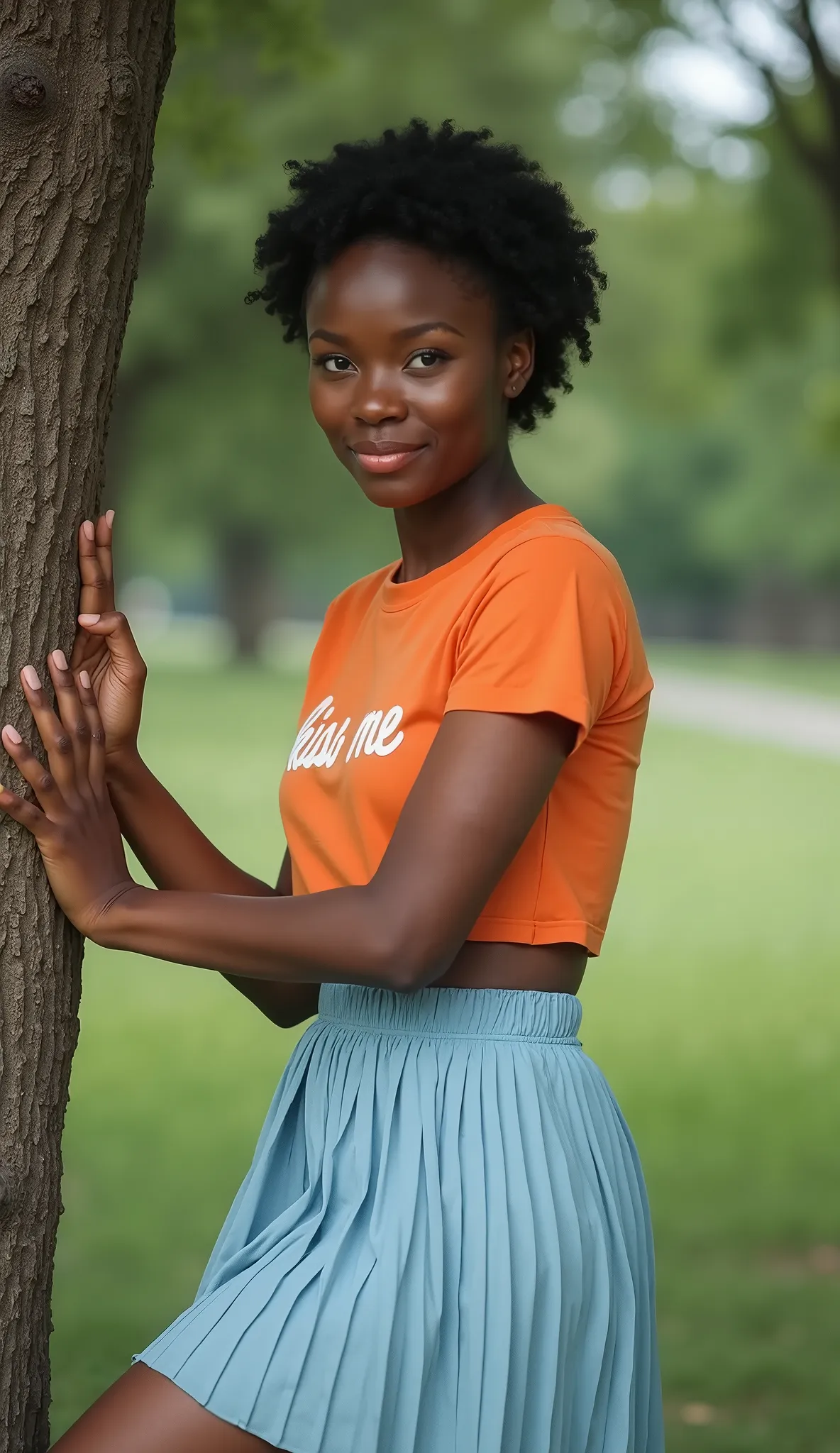 a 37yo woman  (55% Nigerian, 25% Irish, 20% Japanese)  seen from the side with both hands resting on the trunk of a tree in a park.  dressed in a wide orange t-shirt with the inscription  "Kiss me",  a pleated light blue skirt that flutters in the wind .  ...