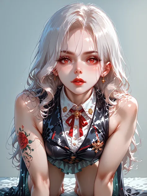 A detailed illustration in anime style. A young woman with long flowing platinum hair. An intense and seductive expression with piercing red eyes and a hint of red on her cheeks. She wears an elegant, form-fitting, shimmering sleeveless red and silver wres...