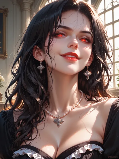 
1 woman, beautiful, upper body, wearing maid uniform, black dress, large breasts, focus on her face, glowing red eyes, glare, black hair, disheveled hair, long hair, hair hanging back, hair on shoulders, pearl necklace, pale face, Beautiful light and shad...