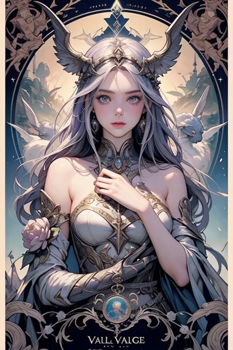 Gorgeous and beautiful Valkyrie Warrior Queen Tarot card, Fractal Magic, Travis Charest Style Illustrations , posters, Elle Fanning Model, society,  Fantasy Art ,   Details illustration,  mystical , Botanical masterpiece,   Details,  surreal,   elements  ,...