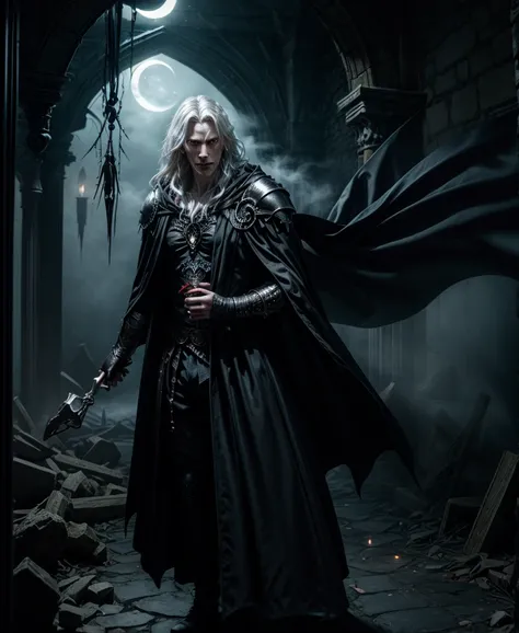 Award-winning cinematic studio photo of a man powerful vampire lord standing in an ancient gothic castle, ultra-detailed, hyper-realistic and fantasy blend, (pale skin with a subtle bluish glow), (sharp crimson eyes glowing in the dark), (long silver-white...