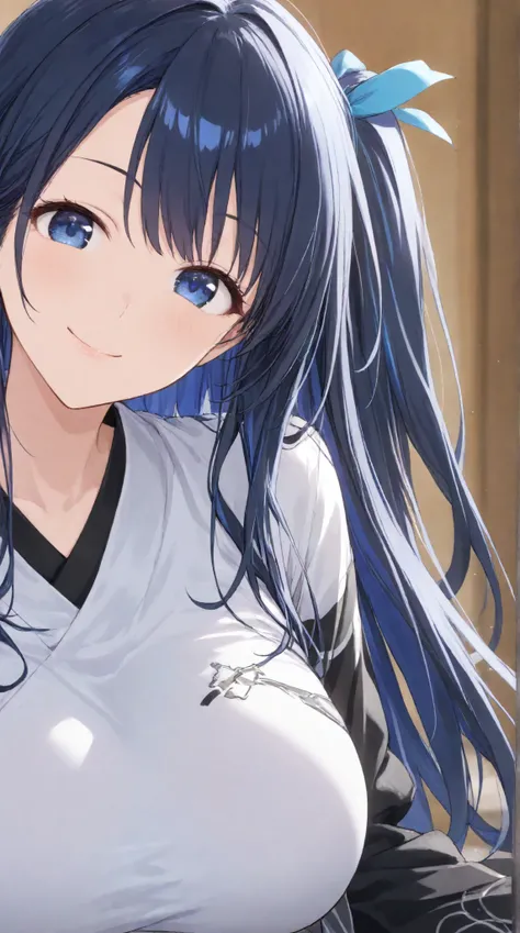 Big Breasts,   long hair,   black hair , bangs,    ,  smile,  ,  smiles,   , （One girl 1.5）, blue hair ribbon、（ 1.5）solo、