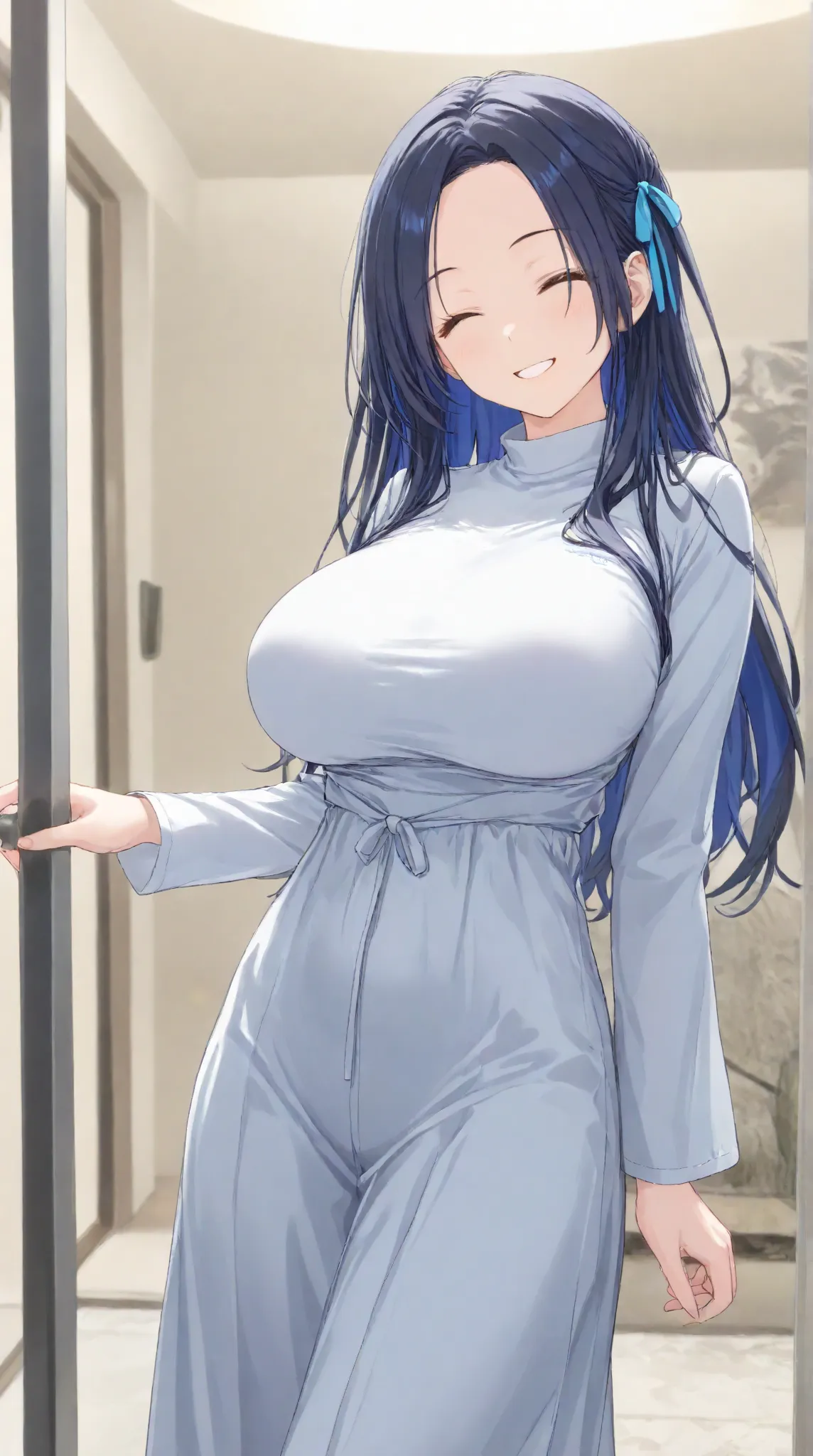 Big Breasts,   long hair,   black hair , bangs,    ,  smile,  ,  smiles,   , （One girl 1.5）, blue hair ribbon、（ 1.5）solo、