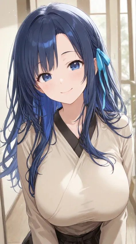 Big Breasts,   long hair,   black hair , bangs,    ,  smile,  ,  smiles,   , （One girl 1.5）, blue hair ribbon、（ 1.5）solo、