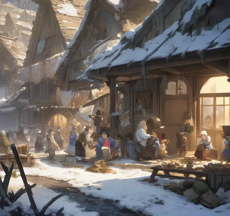  anime、 Western Fantasy、 People living in a snowy country 々、Living 、 repairing buildings