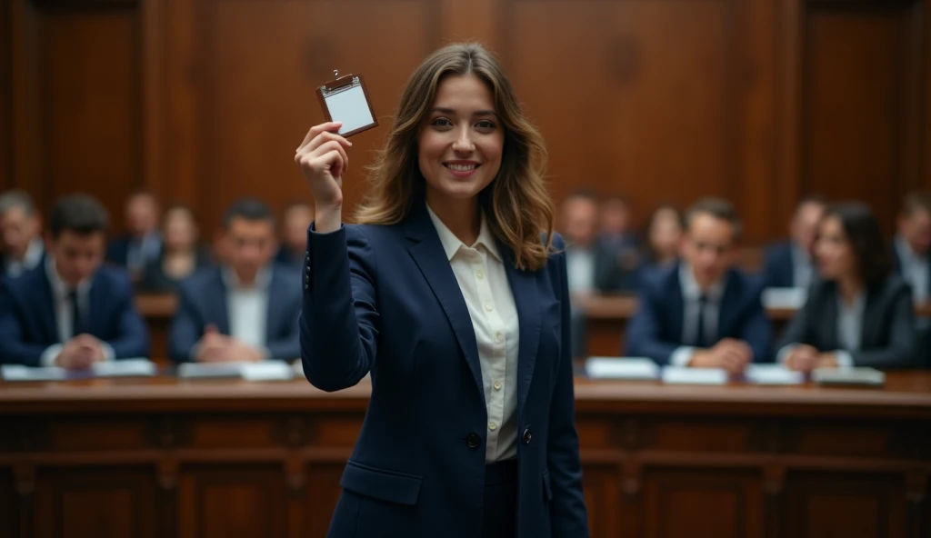 Prompt 1:
"A powerful courtroom scene featuring a young woman in a navy blue business suit standing confidently. She holds up an identification badge in one hand, displaying it with determination. The background consists of a blurred courtroom audience, in...