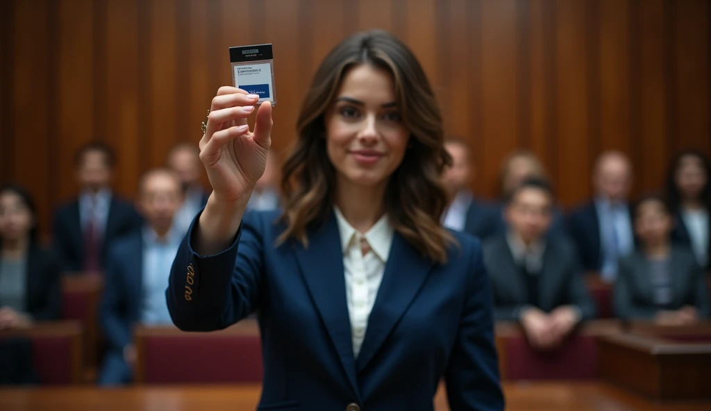 Prompt 1:
"A powerful courtroom scene featuring a young woman in a navy blue business suit standing confidently. She holds up an identification badge in one hand, displaying it with determination. The background consists of a blurred courtroom audience, in...