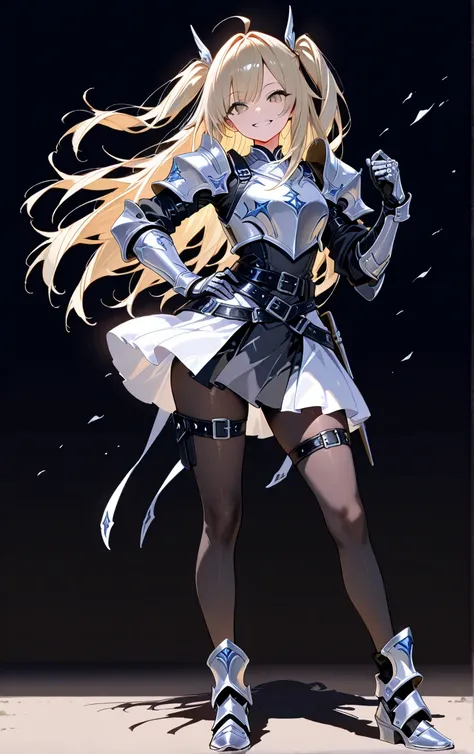 [kjg003:0.33],1girl,naielle bluesteel_counterside,ahoge, armor, armored shoes, belt, black belt, contrapposto,full body, gauntlets, gray eyes, grin, hand on own hip,simple background, wind, dark background, minimalist, hand up, long hair,looking at viewer,...