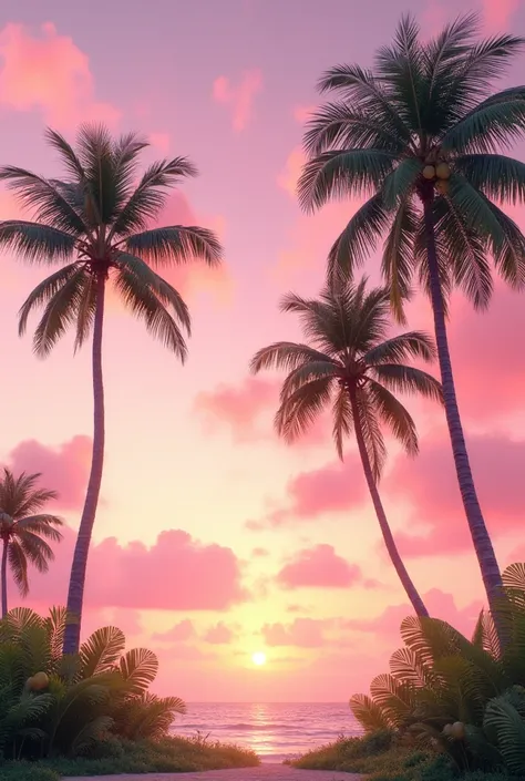 Coconut trees with pink sky background