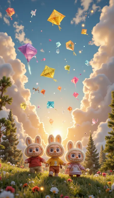 A dreamy, magical scene where the sky is filled with colorful kites, and the clouds form happy shapes. Labubu and his friends stand together, smiling as they watch their kites float against the setting sun. The wind gently sways the trees, and birds fly in...