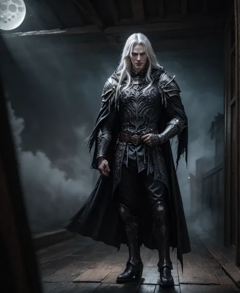 Award-winning cinematic studio photo of  powerful vampire lord standing in an ancient gothic castle, ultra-detailed, hyper-realistic and fantasy blend, (pale skin with a subtle bluish glow), (sharp crimson eyes glowing in the dark), (long silver-white hair...