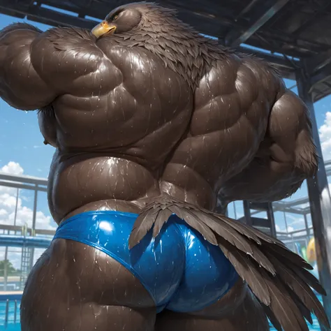 furry male, solo, bara, bare pectorals, biceps, detailed fur, Eagle boy, older, looking at viewer, huge bodybuilder, (slightly chubby:1.15), muscular male, nipples, veins, big pectorals, big butt, standing, ((topless, blue speedo, thin speedo)), (rear view...