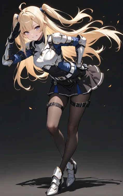 [kjg003:0.33],1girl,naielle bluesteel_counterside,ahoge, armor, armored shoes, belt, black belt, contrapposto,full body, gauntlets, gray eyes, grin, hand on own hip,simple background, wind, dark background, leaning forward, salute, dark aesthetic backgroun...