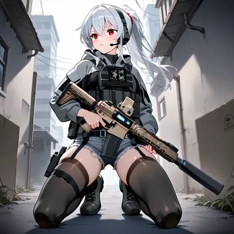  tactical anime-style adult female soldier wearing tactical gear with a fleshy, glamorous figure。 with short silver hair tied in a ponytail with a navy hair band 、 has red eyes 。Has an impatient expression。 equip it with black tactical armor over a gray ho...