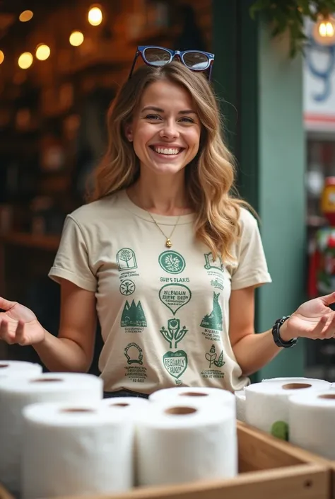 Combination of happy white woman packaged toilet paper seller, 
The seller wears a t-shirt with icons of solidarity, sustainable world