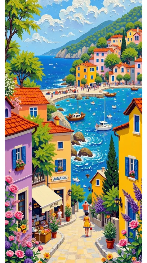 Color texture painting，Beautiful seaside town，