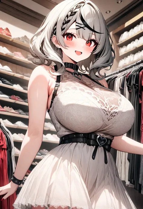 ( best quality , 8k , masterpiece , incredibly absurdres , perfect body , super detailed skin , highly detailed eyes and face , 1 woman ) ,  Sakamata Chloe , Silver Hair , red eyes , smile ,  will be happy , ( Lace blouse, tulle skirt , clothes shop : 1.2 ...