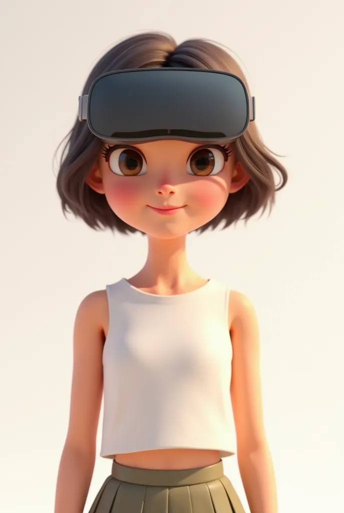 an animation cartoon secondary girl facing front in white sleeveless shirt and pleated skirt, who is wearing apple vision pro