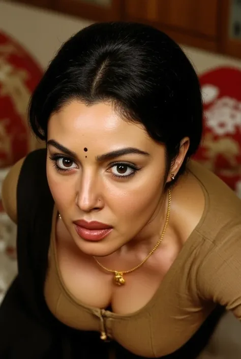 Pov top down camera view, woman kneeling down, looking at camera, blue eyes,gold mangalsutra with closed eyes, wide open mouth,orgasm face, black round bindi in forehead, black hair tied around, flowers in head, mangalsutra in neck, black saree, red lips, ...