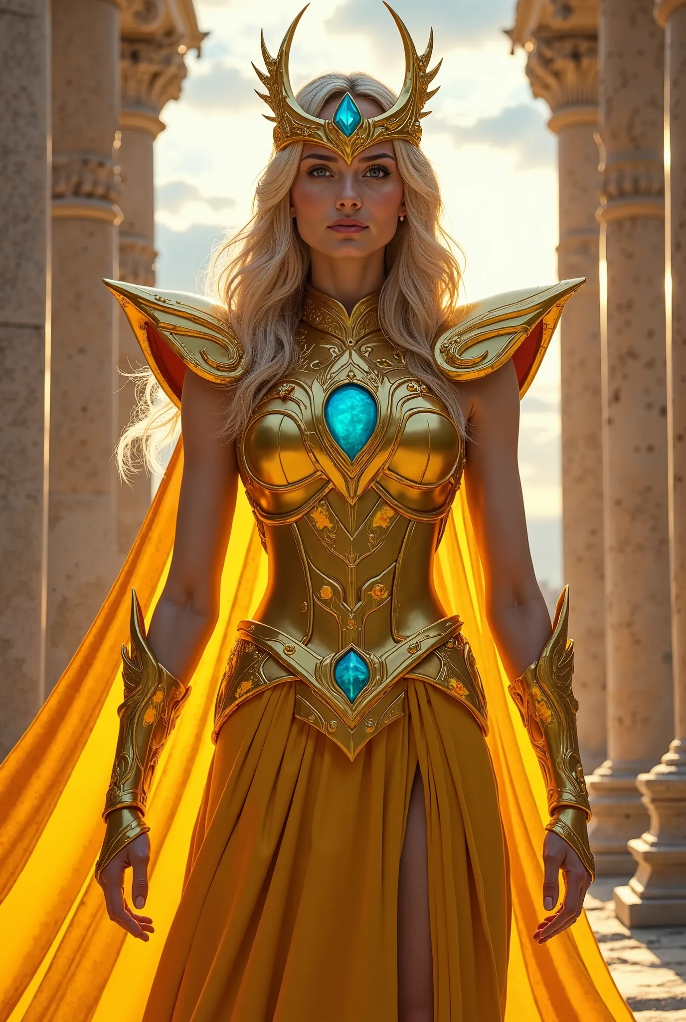 "A heroic woman stands tall in a radiant golden armor inspired by the Saint Seiya universe, specifically the Aiolia God Cloth. The armor gleams with intricate designs and a blue gemstone at its center, accentuating its divine power. A majestic crown-like h...