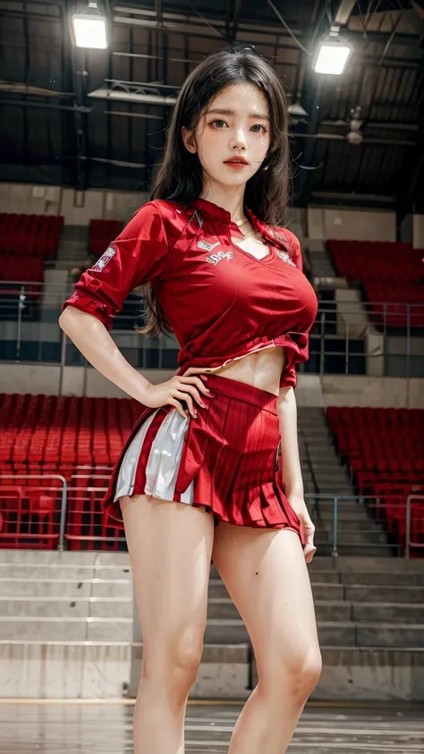 A beautiful young Japanese woman, 20 years old, with perfect anatomy, healthy thighs, beautiful feet, flawless skin, random hair color and style, large bust, (she is standing:1.2), wearing a cheerleader uniform with micro-pleated miniskirt, in a full body ...