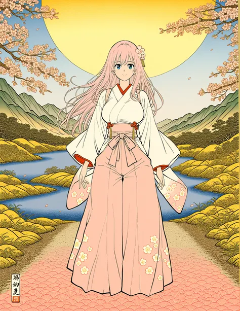 A beautiful Japanese woman stands elegantly amidst a traditional ukiyo-e style background. The background is reminiscent of a classic ukiyo-e print, with bold outlines and flat color planes. Soft pink and white plum blossoms are scattered across the scene,...